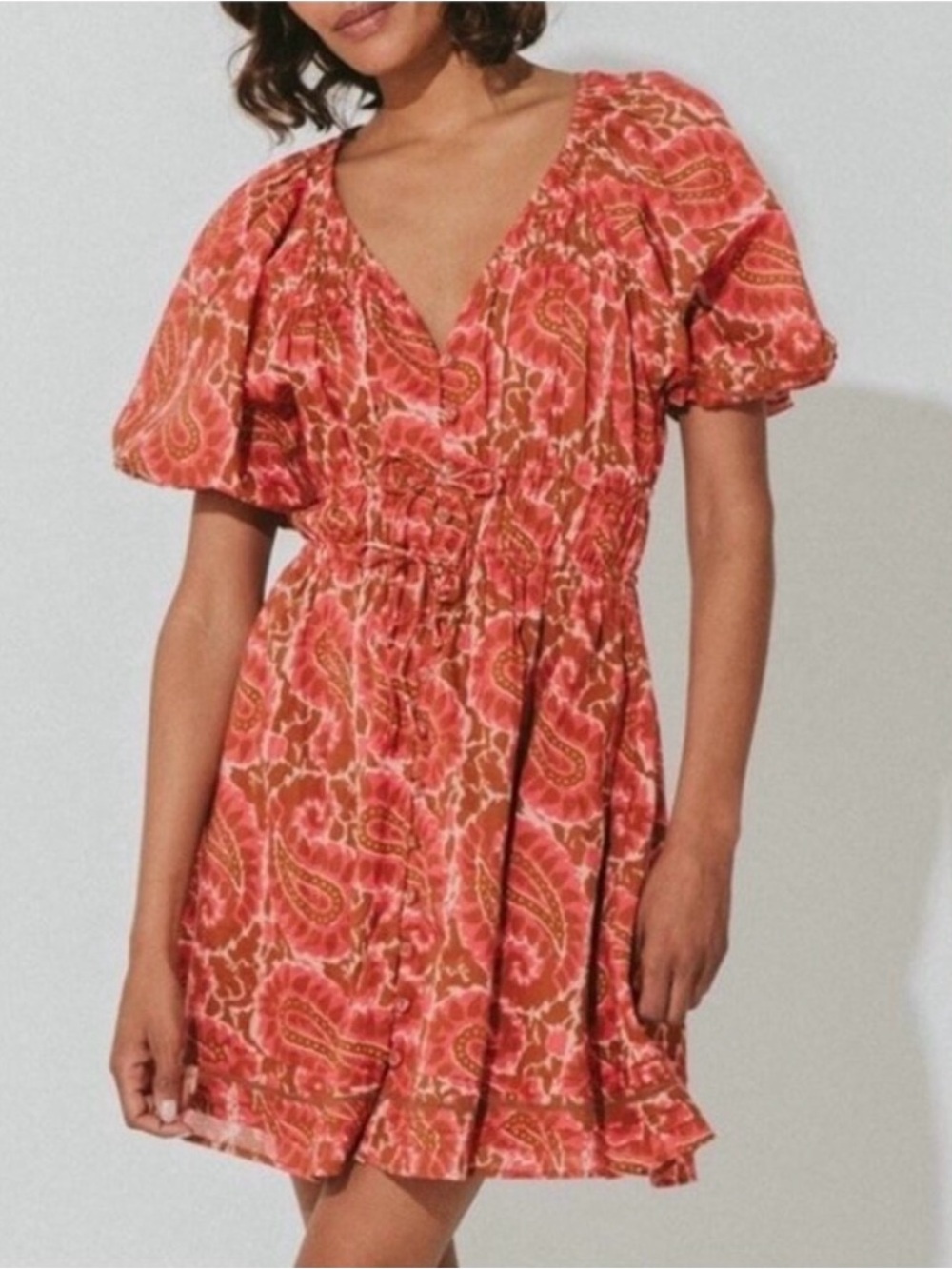 CLEOBELLA Hazel Mini Dress in Aurora Paisley Size L Red Pink Brown Cottage Boho